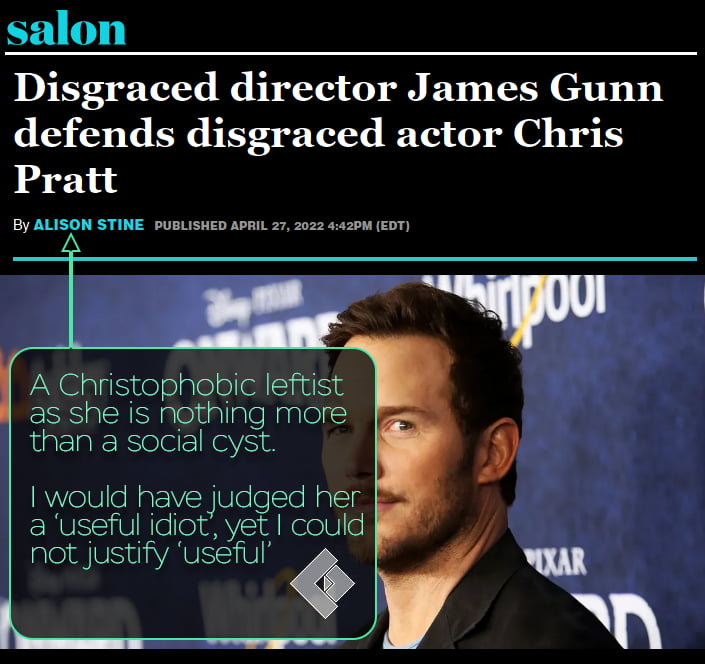 this nonsensical Karen denigrates Chris Pratt as disgraced for his... piety. Cry yourself to sleep angry, Alison Stine